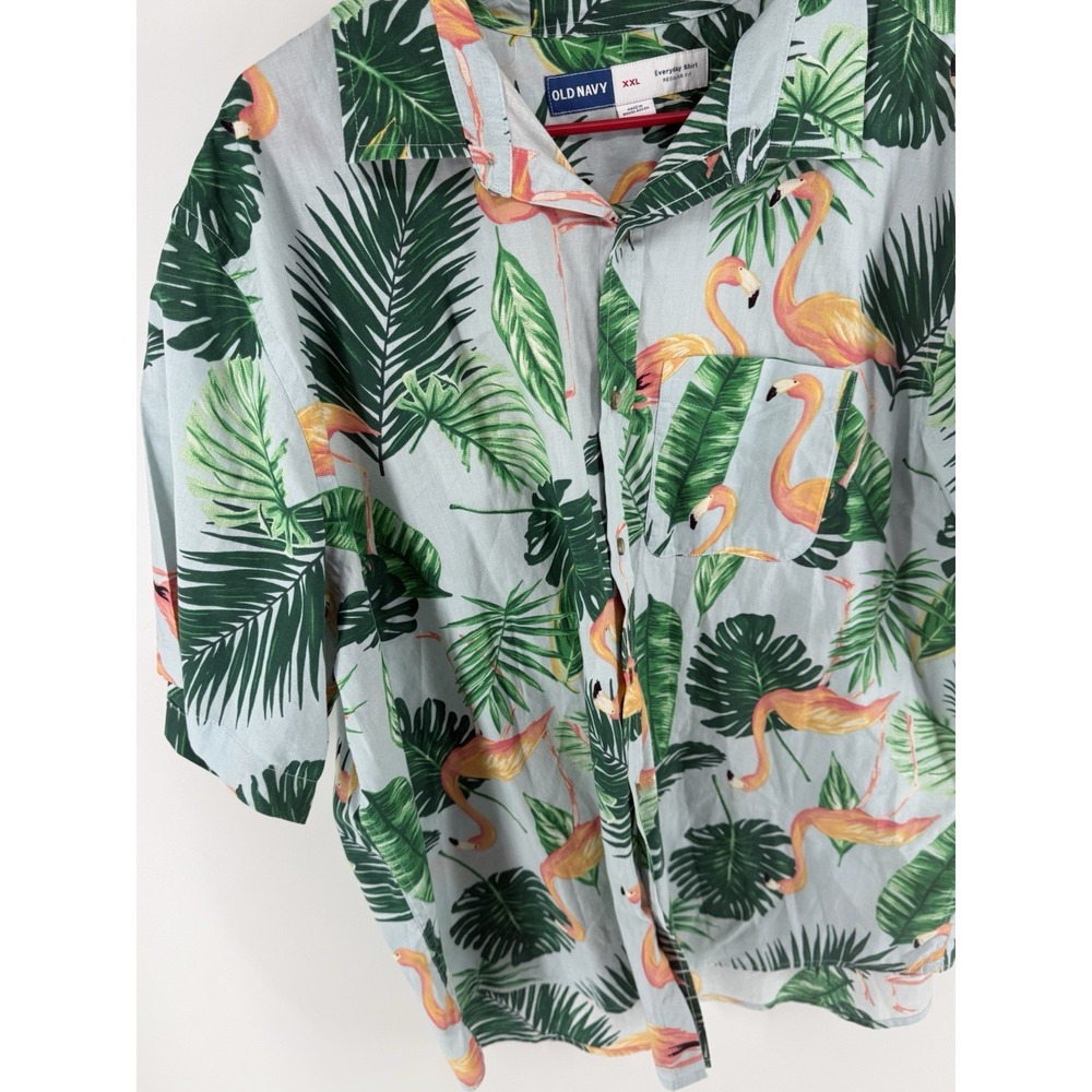 Old Navy Mens XXL Flamingo Hawaiian Shirt Tropical Palm Leaf Button Up - Picture 3 of 9
